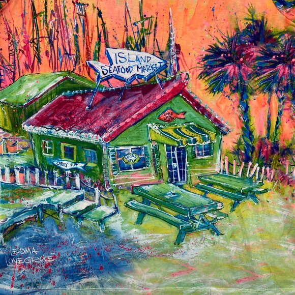 Leoma Lovegrove Large Colorful Artsy Drawing 3/4 Sleeve Stretch Casual Top - Picture 7 of 9